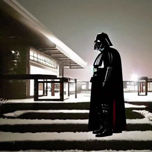 Image similar to darth vader is walking up to a chicago bungalow at night.