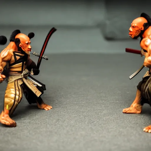 Image similar to a videogame still of an Ape Samurai fighting game, 40mm lens, shallow depth of field, split lighting