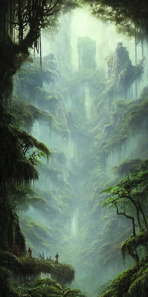 Image similar to a expressive landscape of mayan ancient jungle, artstation, award - winning realistic sci - fi concept art by jim burns and greg rutkowski, beksinski, a realism masterpiece, expressive color palette, james gilleard, bruegel, alphonse mucha, and yoshitaka amano