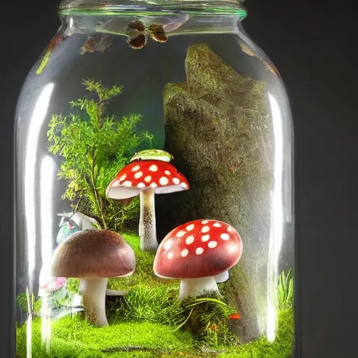 Prompt: a beautiful illuminated mushroom habitat in a glass jar with a mushroom house, a winged fairy nymph flying around,