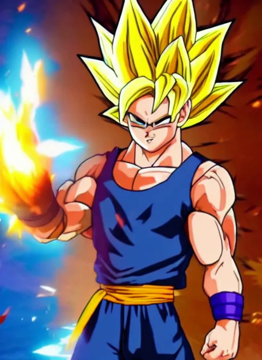 Image similar to game still of super sayan goku as a fortnite skin in fortnite.