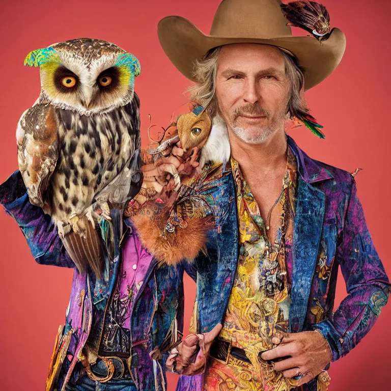 Image similar to high fashion photoshoot octane render portrait by wayne barlow and carlo crivelli and glenn fabry, a distinguished psychedelic cowboy wearing a colorful wes anderson designed cowboy costume and holding a barn owl inside a high - end exotic colorful pastel vintage boutique hotel lounge, very short depth of field, bokeh