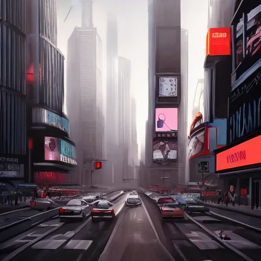 Image similar to modern downtown city, Parisian buildings, billboards, advertisements, Times Square, small buildings, dark, matte painting, concept art, digital painting, style of Ian Hubert, warm lighting, futuristic, volumetric lighting, street view, daytime, godrays , high detail