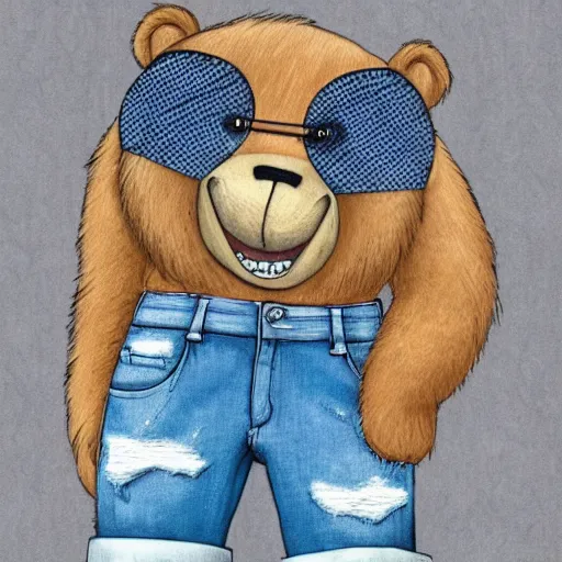 Prompt: a bear wearing jean shorts