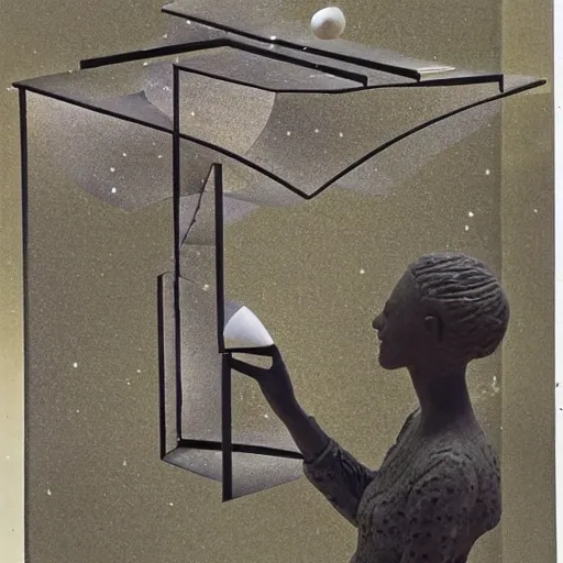 Prompt: A sculpture. A rip in spacetime. Did this device in her hand open a portal to another dimension or reality?! papercraft, field journal line art by Mordecai Ardon tumultuous, placid