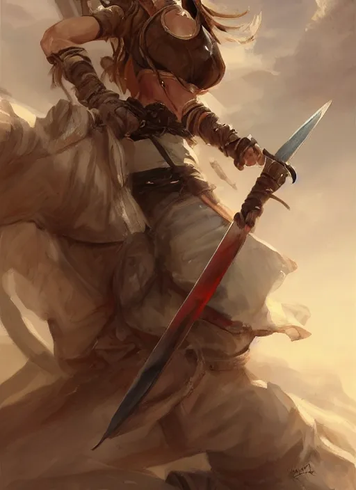 Image similar to beautiful portrait of desert warrior holding a sword, art by krenz cushart, close - up portrait, dynamic pose, upper body, fantasy, digital painting, featured on artstation, highly detailed illustration, intricate, elegant, sharp focus, 4 k