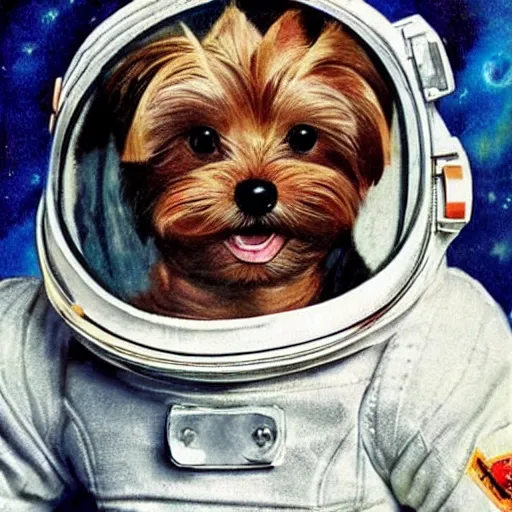 Image similar to A Yorkshire Terrier in a space suit, its face, smiling, clearly visible inside the helmet, art by Norman Rockwell, art by William Buguerau /imagine https://discord.com/channels/1002292111942635562/1005628033945837620/1006191040228753459