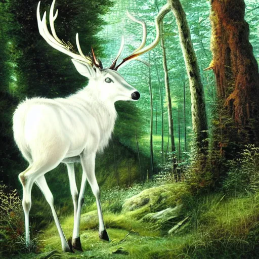 Prompt: bright white stag grazing in a dense green forest, high fantasy, oil painting, high detail.