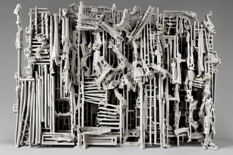 Prompt: a louise nevelson sculpture made of bones painted white, dramatic lighting, highly detailed