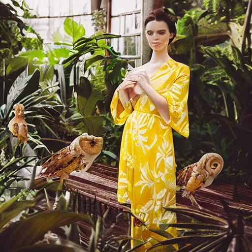 Image similar to head to shoulder portrait film photograph of an elegant top model wearing a yellow kimono with a very detailed barn owl on her shoulder!!! in a tropical greenhouse. looking at the camera!!. super resolution. 85 mm f1.8 lens.bokeh. graflex. by Alessio albi !