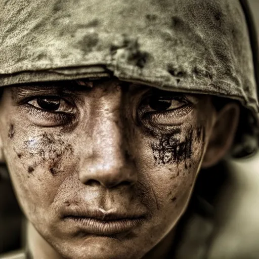 Image similar to soldier!!!!! portrait!!!!! pain, eyes, shoulders, sadness, soft focus, national geographic