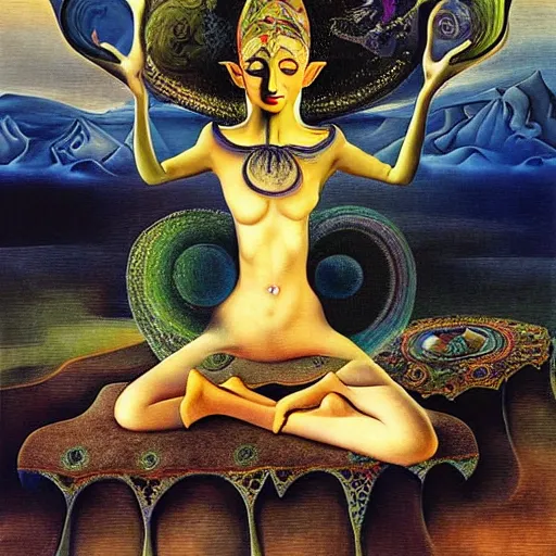 Image similar to ascending meditating elven princess, dmt shaman, surreal, by salvador dali