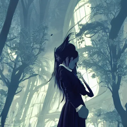 Image similar to low - angle shot from behind of a long blue - haired girl in a tailcoat overlooking noxus, noir, screenshot, sharp focus, intricate, illustration, cell shaded, digital painting, highly detailed, straight hair, art by ilya kuvshinov, wlop, greg rutkowski, studio quality, james jean