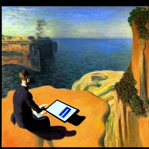 Prompt: A man climbs a cliff while coding A.I. on a laptop - award-winning digital artwork by Dali and Monet. Stunning lighting