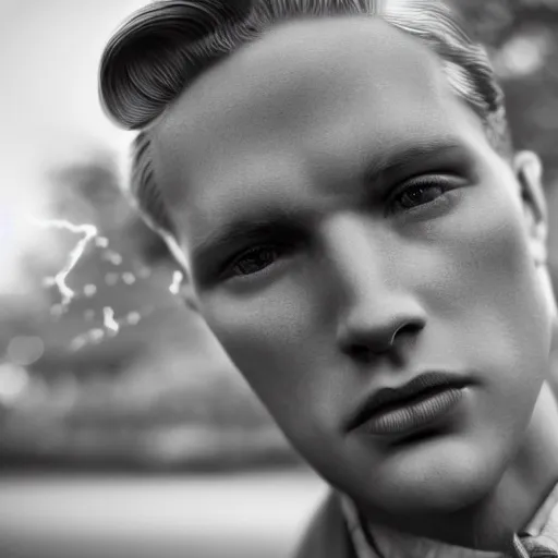Prompt: a beautiful close - up from 1 9 4 0 of a blond young male. dressed in 1 9 4 0 s style. butterfly lightning. shallow depth of field, photorealistic, cinematic lighting, dusk, highly detailed, high detail, great lighting, 8 k resolution, masterpiece, clear eyes, hdr, trending on artstation, 4 k, 8 k, hd