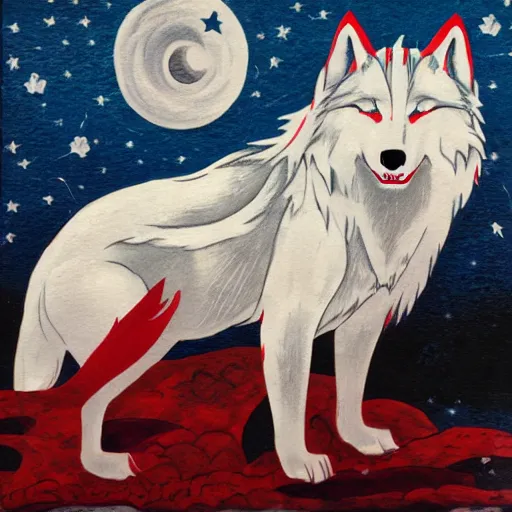 Image similar to okami white wolf with red tattoos resting under a sky full of stars, by a deep!! river, calm, acrylic on canvas, okami, cel shaded