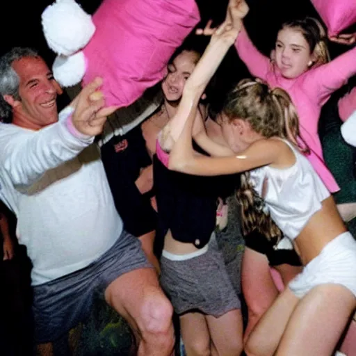 Image similar to Jeffrey Epstein having a pillow fight with teenager girls at a slumber party