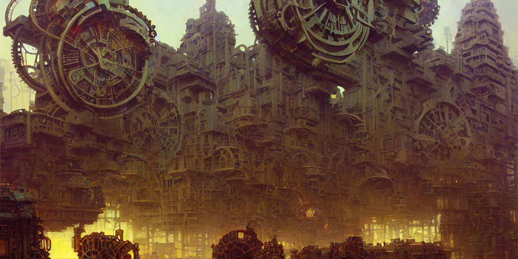 Prompt: giant interlocked gears cogs, giant geometric mechanisms floating in space, industry, villages castles, buildings vista artstation illustration sharp focus vista painted by ruan jia raymond swanland lawrence alma tadema zdzislaw beksinski norman rockwell tom lovell alex malveda greg staples