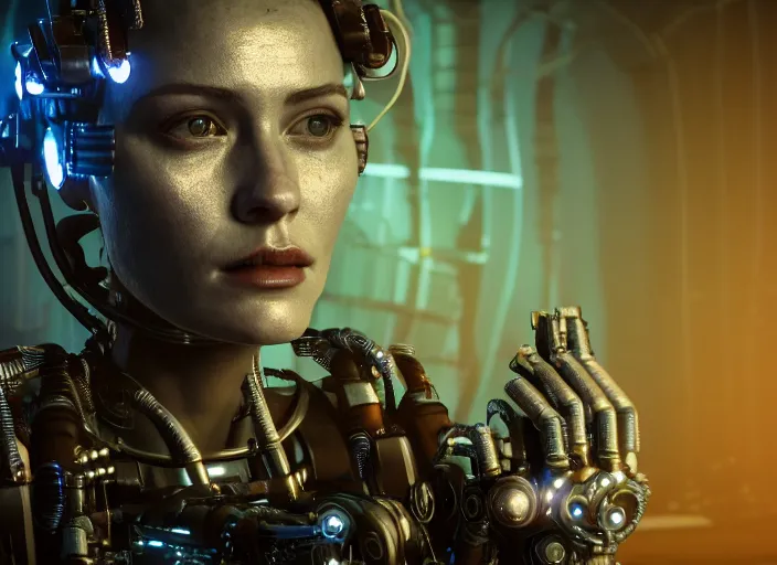Prompt: 35mm portrait of a sophisticated intricate terminator woman's head on the background of a weird magical mechanical forest. Round gears visible in her head. Very detailed 8k. Fantasy cyberpunk horror. Sharp. Unreal 5 render with nanite, global illumination and path tracing. Cinematic post-processing