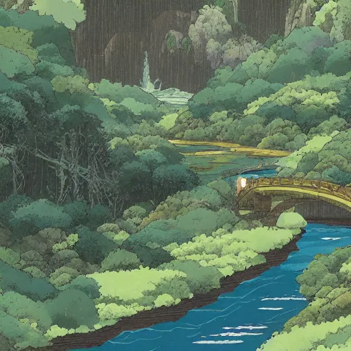 Prompt: A landscape with mountains and forests and a river crossing by the middle of a valley by Studio Ghibli