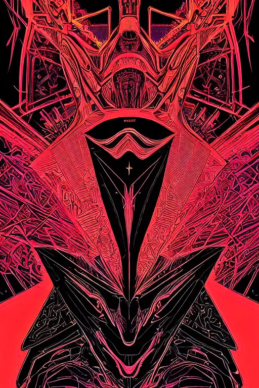 Prompt: portrait of black and neon red complex poster art by dan mumford, moebius, goblinko, richard corben, wayne barlowe, heavy metal comic cover art, psychedelic triangular skeleton, very intricate, thick outline, full body, symmetrical face, long black crown, in a shapes background, galactic dark colors