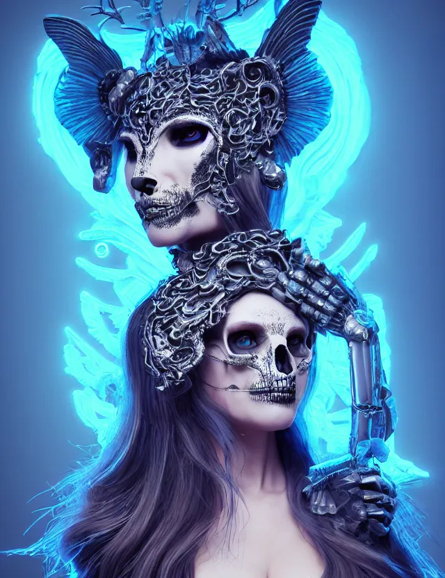 Image similar to 3 d goddess medium shot portrait with raven skull. beautiful intricately detailed avante garde wolf mask and electro sorceress outfit. neon moths, bio luminescent, frost, splash,, creature, artwork by tooth wu and wlop and beeple and greg rutkowski