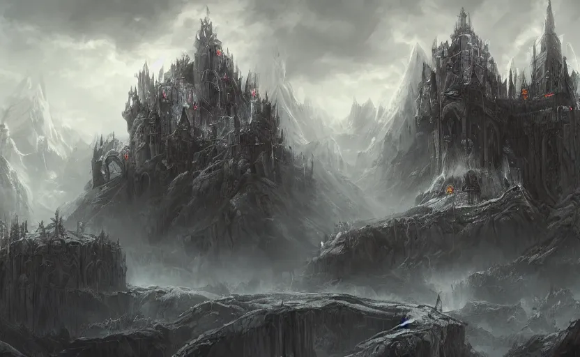 Image similar to an arcane fortress, magical and powerful, landscape art, mindblowing, concept art, matte, illustration, ominous, magical, dnd, 4 k uhd, very detailed