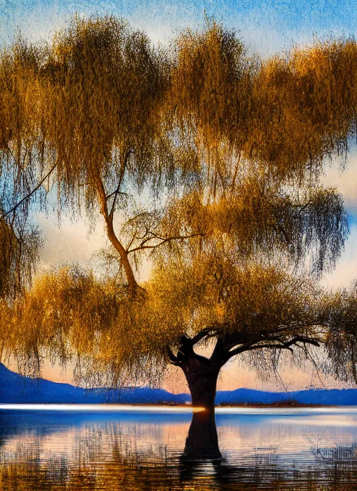 Prompt: professional photography of calm lake, reflection of dry trees in background in lake, golden hour soft light, boat in lake, highly detailed, super realistic, art by greg rutsoswki