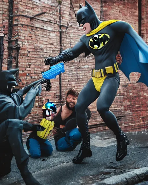 Image similar to happy batman firing super soaker water gun at playful criminals in an alleyway, everyone having fun, product advertisement, photography