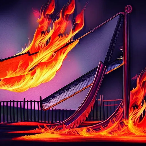 Image similar to in the lower part of the picture is the harp burning in the fire, above are cranes flying in flames, digital painting, concept art