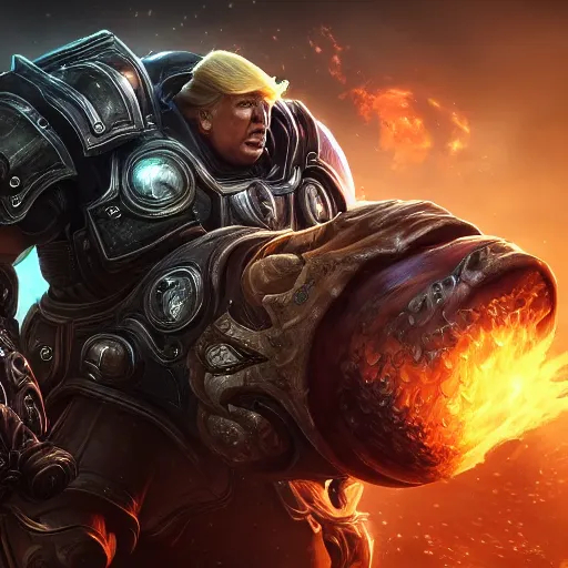 Prompt: Portrait of Trump, League of Legends amazing splashscreen artwork, Gears of War, splash art,natural light, elegant, photorealistic facial features, intricate, fantasy, detailed face, atmospheric lighting, anamorphic lens flare, cinematic lighting, league of legends splash art, hd wallpaper, ultra high details by Greg rutkowski