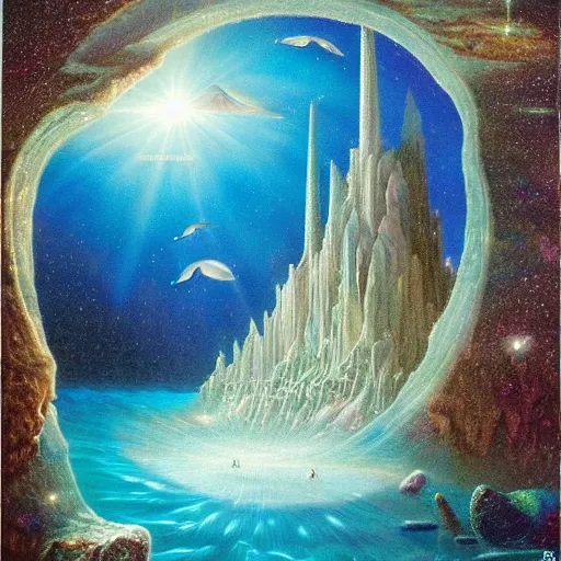 Image similar to gilbert williams portrait of a crystal temple in atlantis, iridescent dolphins swimming in the sea, unicorn flying in the sky, paleozoic anima flying in the sky,