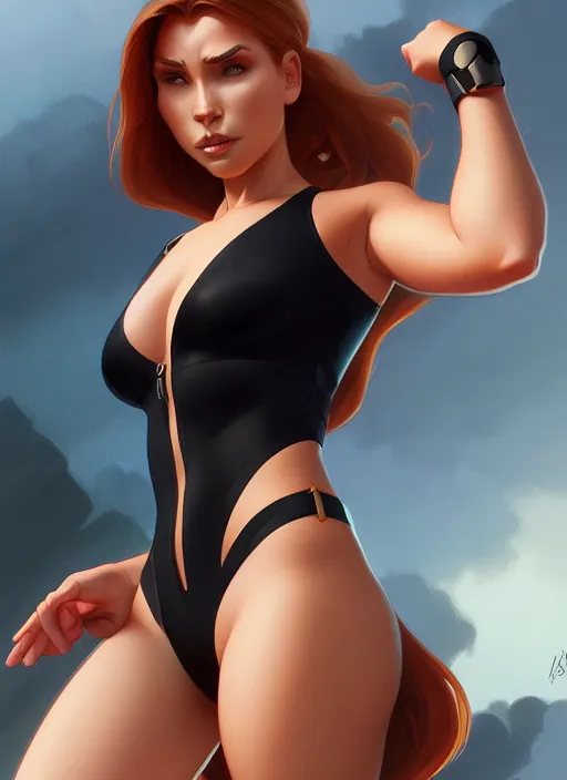 Prompt: kim possible in a black swimsuit, intricate, elegant, highly detailed, digital painting, artstation, concept art, smooth, sharp focus, illustration, art by artgerm and greg rutkowski and alphonse mucha, 8 k