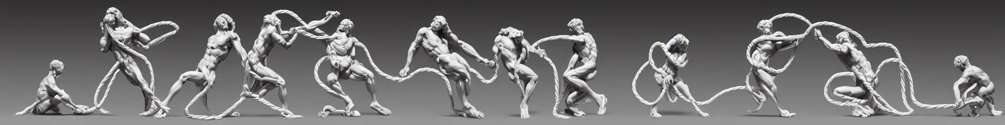 Image similar to long line-up of laocoon and his sons struggling with twisted golden wire, intertwined full body view, plastic injection mold toys, product photography, black background