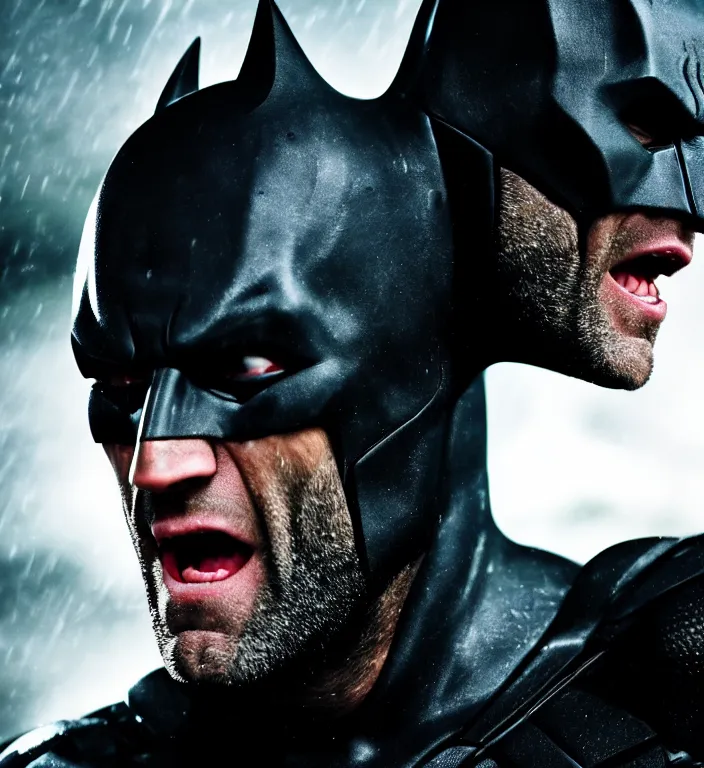 Prompt: cinematic still of jason statham as batman, close up, screaming in pain, dramatic rain, 8 k