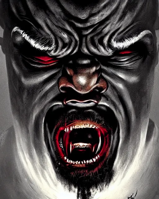 Prompt: doomfist from overwatch, evil sinister, angry nigerian man, rage, character portrait, portrait, close up, concept art, intricate details, highly detailed, horror poster, horror, vintage horror art, realistic, terrifying, in the style of michael whelan, beksinski, and gustave dore