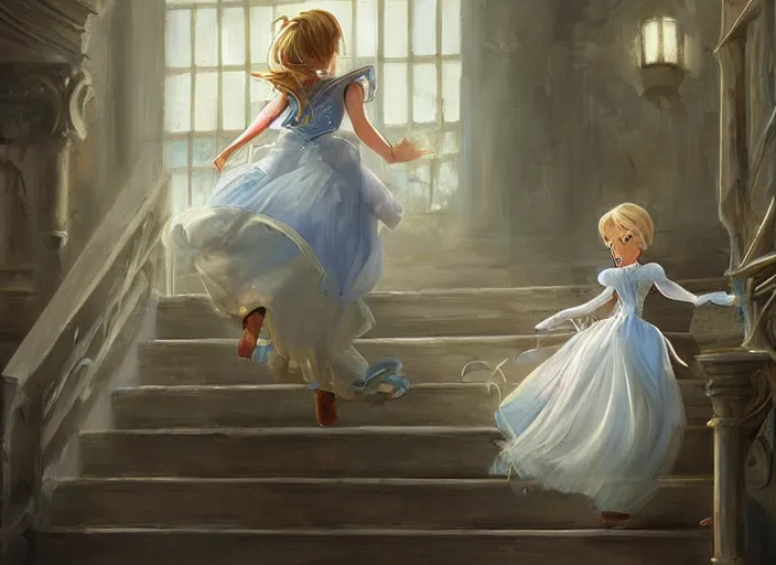 Image similar to a princess runing down a stair, cinderella, by wlop