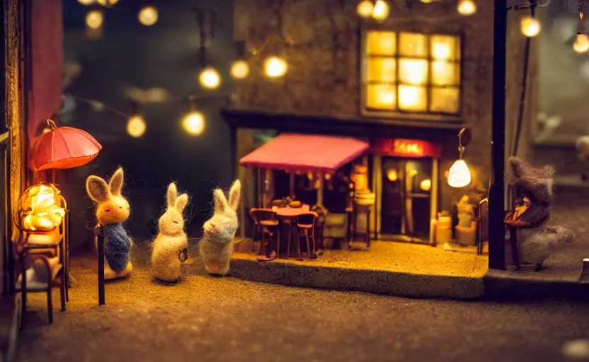 Image similar to miniature cafe diorama macro photography, cafe with felted bunnies, alleyway, ambient, atmospheric, british, cozy, bokeh, romantic, colorful lanterns