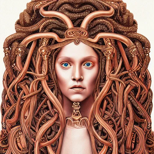 Prompt: symmetrical, detailed portrait color painting of medusa by greg rutowski, rose gold tones, priestess, full body