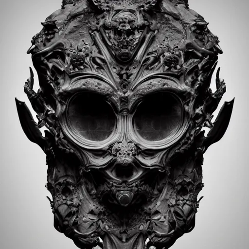 Image similar to a face made of black cast iron. black background. gothic baroque. symmetry. epic. ominous shapes. hyper detailed. photoreal. octane render. trending on artstation.