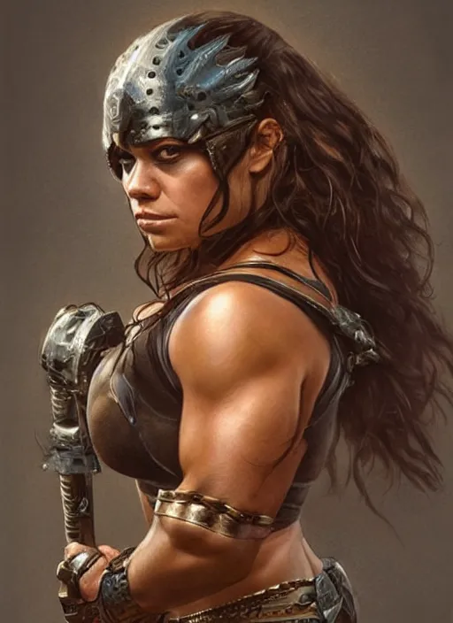 Image similar to exhausted Mila Kunis as a very muscled rugged looking Amazon, dirty, sweating, intricate, elegant, highly detailed, artstation, concept art, sharp focus, art by artgerm and donato giancola and Joseph Christian Leyendecker, WLOP