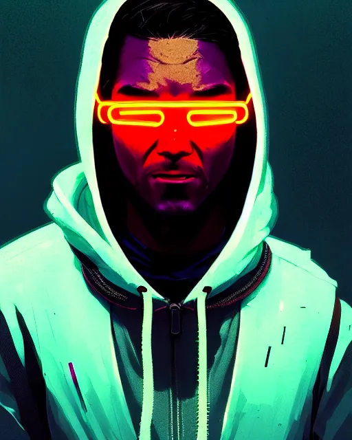 Prompt: cyberpunk synth, hyper - realistic portrait of a man in a hoodie with neon mask, cyberpunk, by atey ghailan, by greg rutkowski, by greg tocchini, by james gilleard, by joe fenton, by kaethe butcher, dynamic lighting, gradient light blue, brown, cinematic lighting color scheme, sharp focus, grunge aesthetic