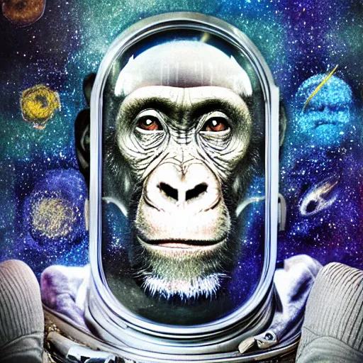 Image similar to double exposure portrait of astronaut and a chimpanzee astronaut with space and time in the the background by davinci, circles, psychedelic, pencil art, high definition, dynamic lighting stars, sharpness, golden ratio