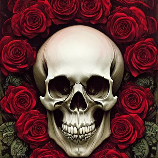 Prompt: skull made of red roses, organic horror, devil, death, giger, epic, baroque, extremely detailed and intricate, artstation, digital painting, alphonse mucha, artgerm, greg rutkowski, cgsociety