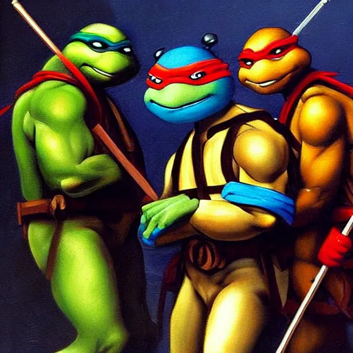 Prompt: teenage mutant ninja turtles by caravaggio, detailed oil painting