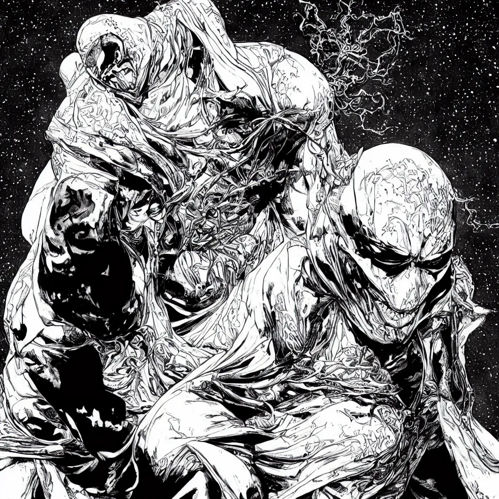 Image similar to moon knight, accurate, hyperdetailed, intricate detail, insanely detailed and intricate, moon in the background, intricate, highly detailed, smooth, sharp focus, detailed face, high contrast, dramatic lighting, graphic novel, art by Ardian Syaf and Pepe Larraz sharp focus, detailed, high contrast, center frame, trending on artstation,