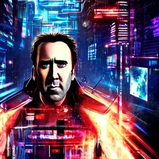 Image similar to nicolas cage, cyberpunk