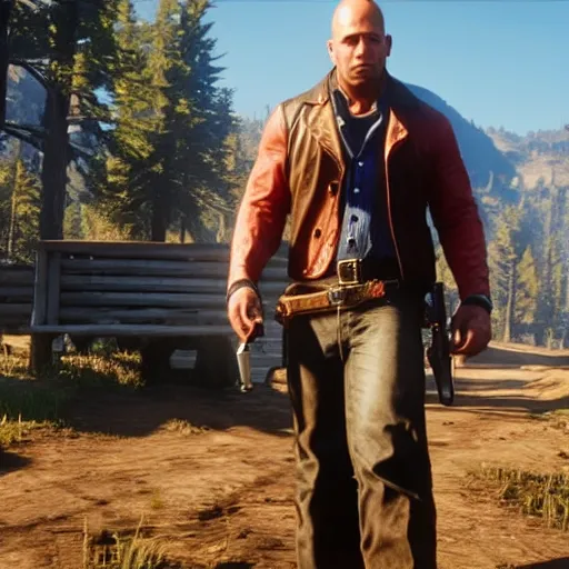 Image similar to a screenshot of vin diesel in red dead redemption 2 as arthur morgan