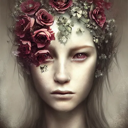 Prompt: a gorgeous flower princess portrait by Seb McKinnon, artgerm , v-ray render, ultra realistic, mystical, ominous, cgsociety
