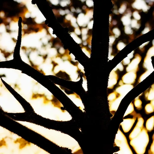 Prompt: tree leafs at sunset, backlighted, closeup, by ross tran